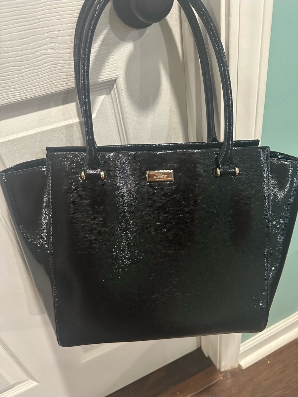 kate spade Black Patent Leather Tote with Gold Plaque